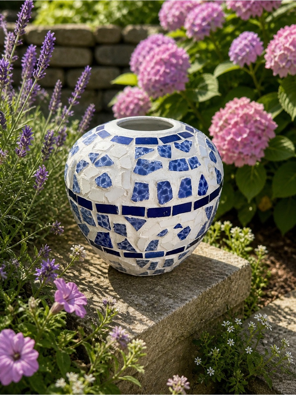 1980’s. Handmade Blue and White Mosaic Decorative Vase - Home Art